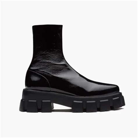 prada monolith patent leather pointed booties|prada monolith boots women's.